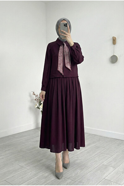 BENAHOLL Aybike Eteği Piliseli Gömleği Fularlı Takım-ŞA1158 Bordo