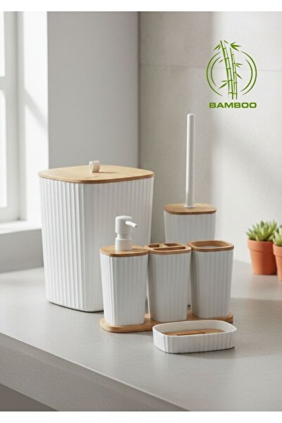 Store HGY Home Safir Gerçek Bambu Detaylı Yapışkanlı 6 Parça Kırık Beyaz Bany...