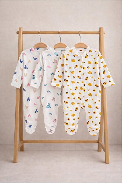 ENİA BABY Kız Erkek Bebek Desenli Renkli 3lü Tulum Takımı Yenidoğan Kıyafet 0...