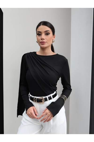 ESRAHELVACI Μπλούζα με χαμηλό σάλι και μακριά μανίκια