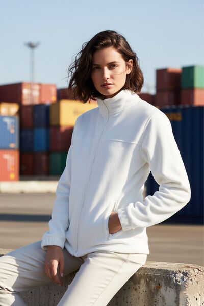 RIMECK Jacheta dama, hanorac polar din fleece, alb, cu fermoar, pentru femei