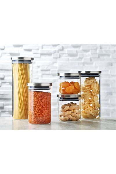 Leggno Vetro Yuvarlak Çelik Kapak Cam Saklama Kabı Seti 5 Parça
