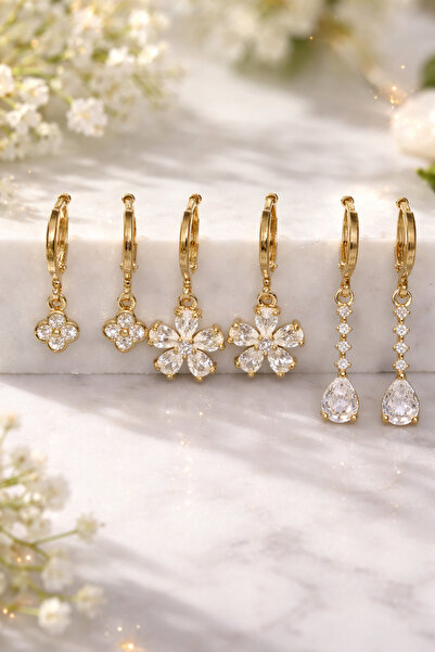 LooRen Butik مجموعة من 6 أقراط فاخرة من حجر الزركون الذهبي بأشكال متنوعة LRN031