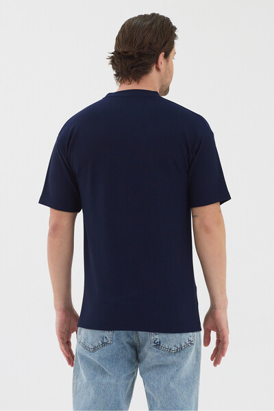 WERRONİ Men's Navy Blue Color Jacquard Fabric Printed Slim Fit T-Shirt