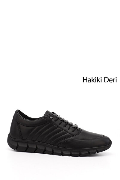 GÖNDERİ(R) Men's Black Lace-Up Rubber Sole Genuine Leather Sneakers