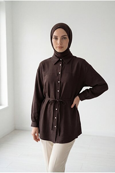 MİHRA STORE Πουκάμισο με λαμπερό ρόμπαλο και διακοσμημένο μανίκι - ZN2094 Καφέ