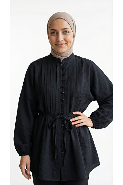 MİHRA STORE Öykü Ριμπ Τουνίκ με Κουμπιά-ZN2019 Μαύρο