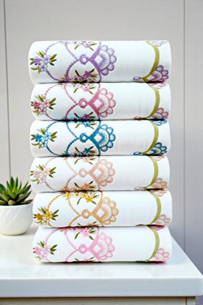 asev tekstil 50X90 cm Embroidered Velvet 6-Piece Hand Towel |   Face Towel Set