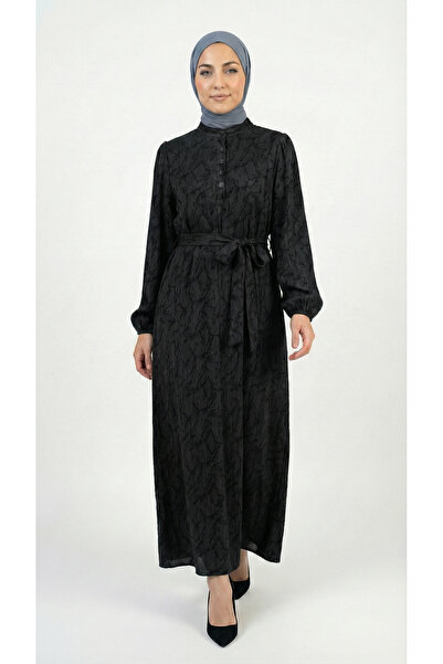 MİHRA STORE Turna Düğmeli Hakim Yaka Desenli Elbise-PA9817 Siyah