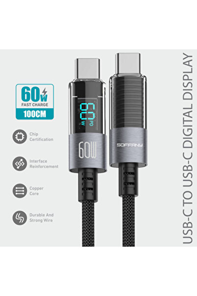 Soffany HM-540 HM-540 60 W Dijital Ekran Type-C to Type-C Şarj & Data Kablosu
