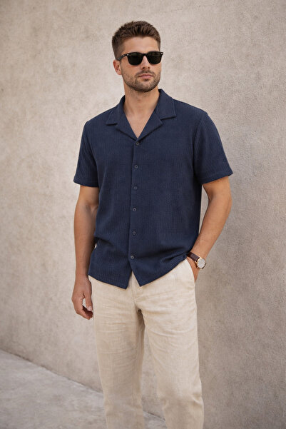 Polo State Erkek Waffle Dokulu Resort Yaka Regular Fit Kısa Kollu Lacivert Gö...