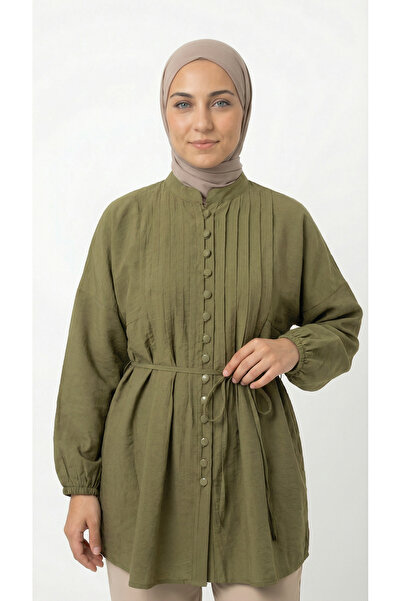 MİHRA STORE Öykü Ριμπ Τουνίκ με Κουμπιά-ZN2019 Πράσινο Λαδί