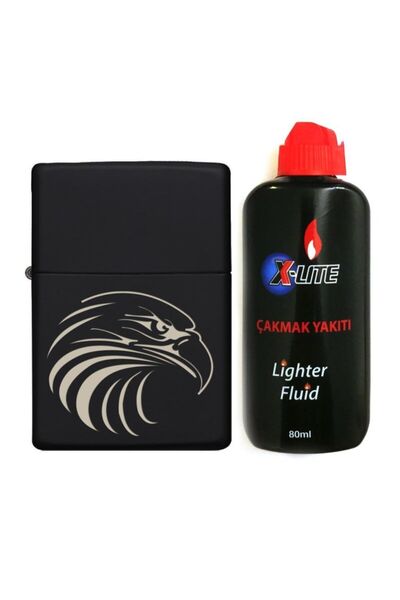 Atomic Siyah Kartal Başı Tasarımlı Benzinli Çakmak ve 80 ml Yakıt Seti 15486