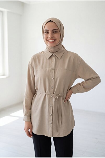 MİHRA STORE Πουκάμισο με λαμπερό ρόμπαλο και διακοσμημένο μανίκι - ZN2094 Stone