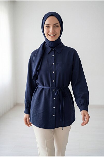 MİHRA STORE Πουκάμισο με λαιμόκοψη και μανίκια σε στυλ ρόμπας - ZN2094 Ναυτικ...