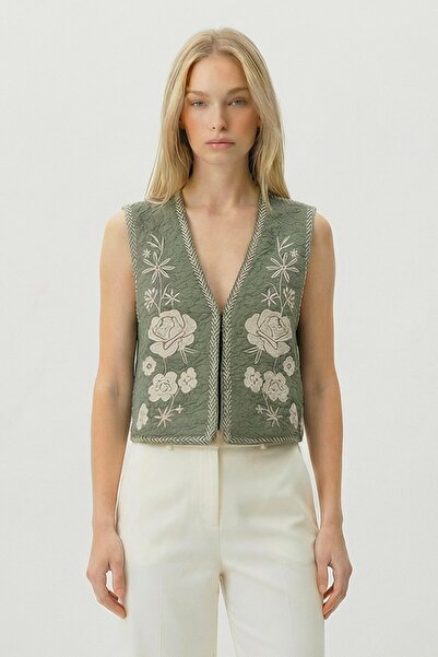 VAGGON Haki Nakış Detaylı Astarlı Dokulu Crop Yelek