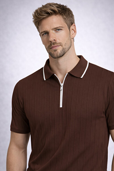 PLUS BARKOD Erkek Slim Fit Fermuarlı Polo Yaka Çizgili Esnek Triko Tişört Pre...