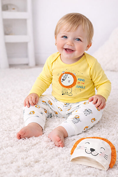Mika Bebek & Çocuk Aslan Figürlü Sarı Unisex Bebek Çıtçıtlı Body Şapka Alt 3'...