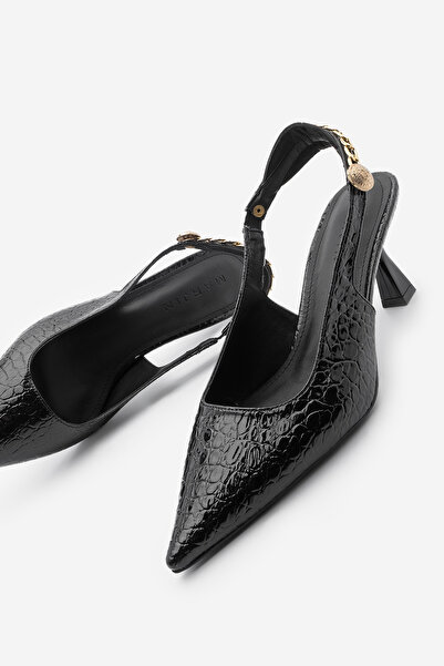 Marjin Kadın Stiletto Sivri Burun Altın Zincir Detaylı Arkası Açık Topuklu Ay...