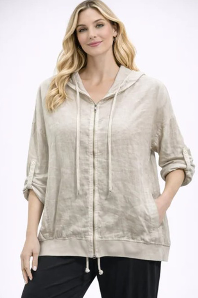 AYASOFYA OTANTIK Kadın İtalyan Bej Kapüşonlu Fermuar Kapamalı Cepli Keten Hır...