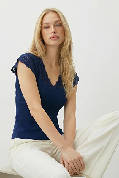 VAGGON Bluză de tricotaj cu decolteu în V albastru bleumarin față și spate