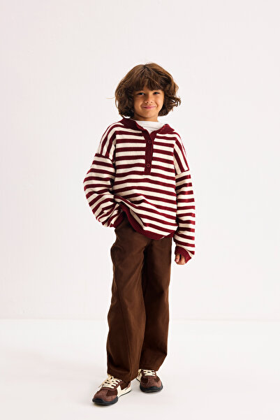 Marvy Çizgili Yünlü Kazak Bordo-Ekru