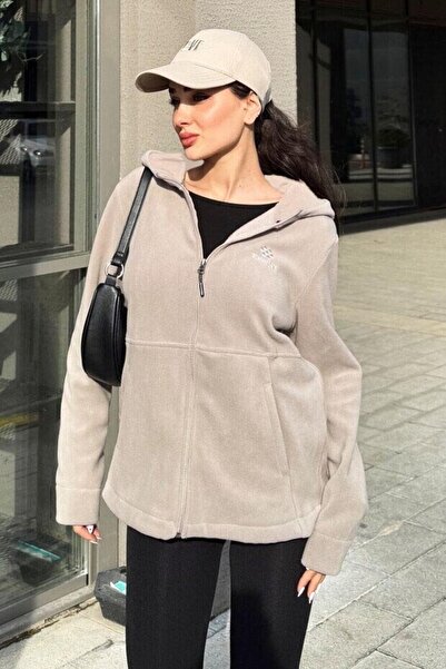 TOMMY LIFE Tmavě béžová dámská fleecová mikina pohodlného tvaru s kapucí a zi...