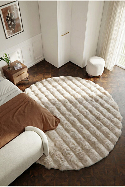 Cool Halı Sofia Yuvarlak Bej Kabartmalı Kalın Yumoş Buble Kaymaz Taban Puffy ...