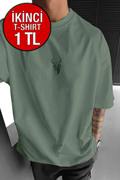 Millionaire Erkek Açık Yeşil Geyik Baskılı Oversize Fit Bol Geniş Kalıp Salaş...