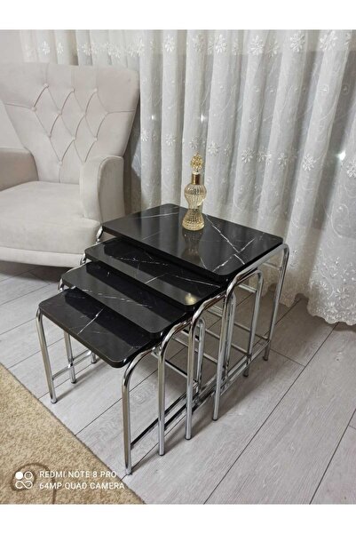 GÜVENÇ 4'lü Zigon Sehpa Nikelaj Kaplama Metal Ayaklı Siyah Mermer Desen