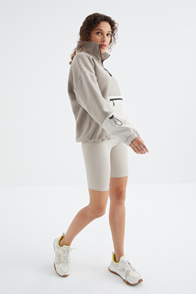 TOMMY LIFE Koyu Bej Etek Ucu Büzgülü Yarım Fermuarlı Standart Kalıp Kadın Polar Sweatshirt - 97238