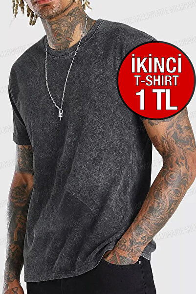 Millionaire Erkek Siyah Regular Asit Yıkamalı Eskitme Efektli Boyalı T-Shirt