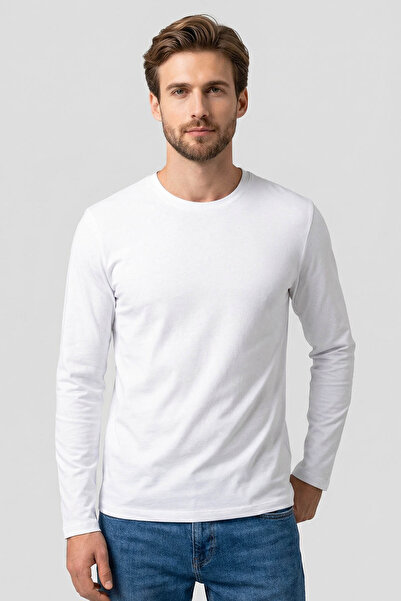TOMMY LIFE Λευκό Standard Fit Basic O λαιμόκοψη μακρυμάνικο λεπτό ανδρικό μπλ...