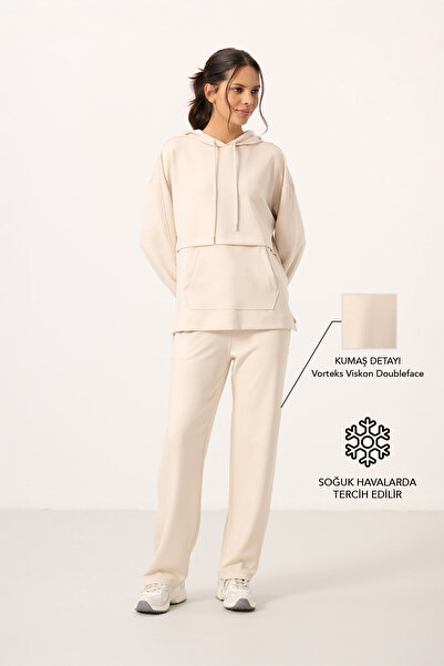 TOMMY LIFE Bej Yumuşak Dokulu Kapüşonlu Oversize Kadın Eşofman Tunik Takım - ...