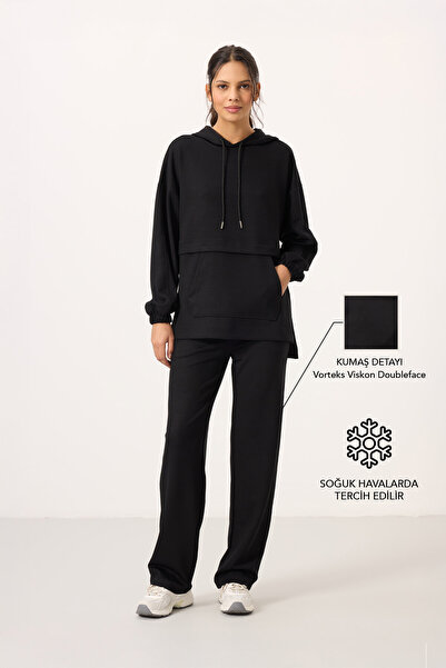 TOMMY LIFE Μαύρη μαλακή υφή με κουκούλα Oversize Γυναικεία αθλητική φόρμα του...