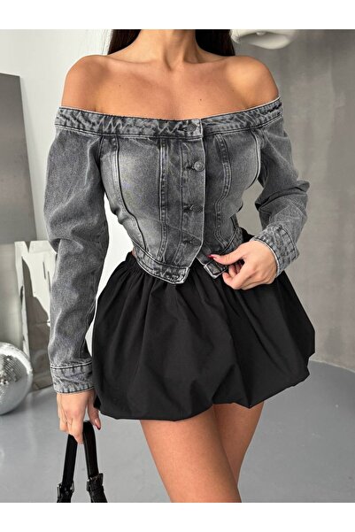 HerTon Kadın Omuz Açık Denim Büstiyer – %100 Pamuk, Korse Formlu Crop Top