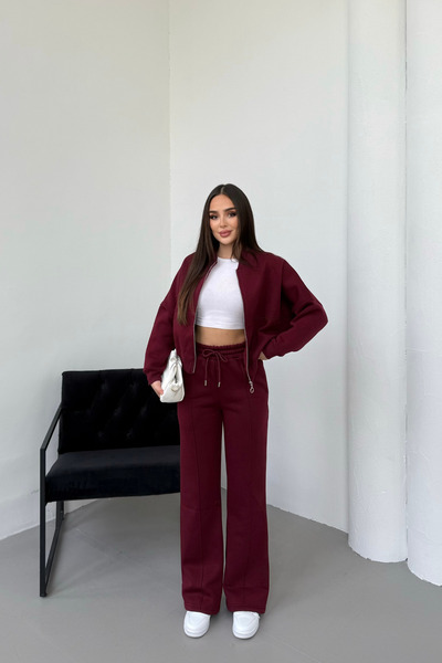 Mezka Kadın Şardonlu Fermuar Detaylı Üç Iplik Kışlık Bordo Eşofman Takımı