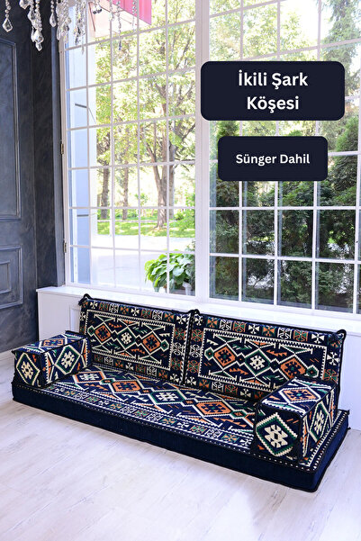 BAKIRÖZÜ HOME Şark Köşesi Takımı Lacivert Anadolu 5 Parça Süngerli 2 Kolluklu...