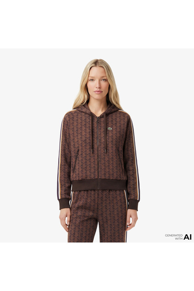 Lacoste Kadın Regular Fit Kapüşonlu Monogram Kahverengi Sweatshirt