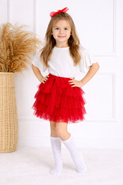 shop بدلة تنورة برباط منتفخة بأكمام متقاطعة من القطن باللون الأحمر توتو للفتيات