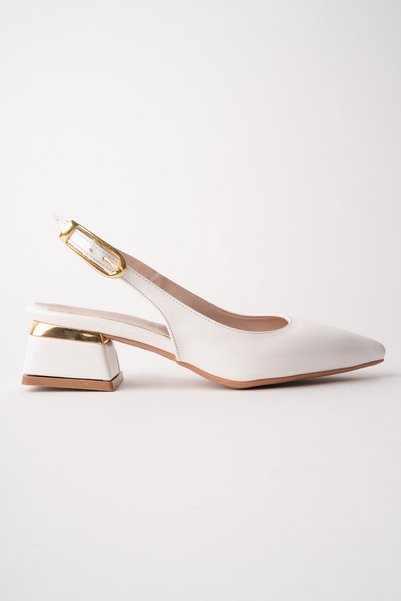ALFHA Women's White Patent Leather Strappy New Season Low Heel Shoes with Golden Buckle