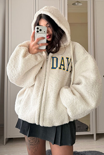 FASHION COCKTAIL Nowadays Text Embossed Loose Hooded Casual Loose Fit Plush M...