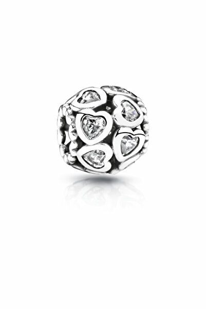 Defne Silver White Stone Heart Figured Globe Charm