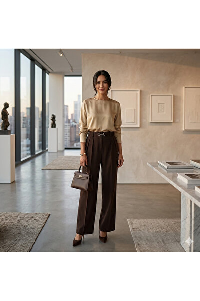 MELEK KOSTAK Women's Bitter Brown Buckle Detailed Elastic Waist Palazzo Trousers