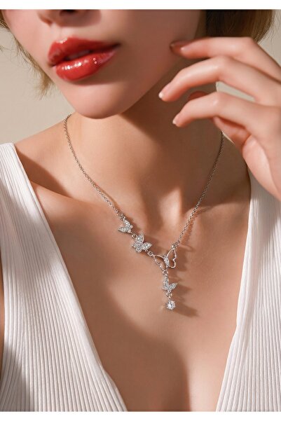 MİLUNXTE Gümüş Renk Taşlı Çelik Kelebekli Y Kolye - Kadın Çelik Kelebek kolye...