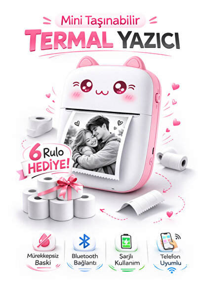 Weskam Mini Taşınabilir Termal Yazıcı Bluetooth Şarjlı Telefona Bağlanan Müre...