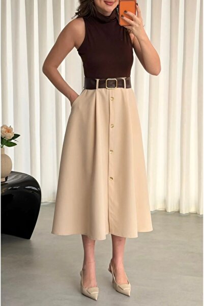 Afiş Butik Rochie midi maro pentru femei, cu curea, cu mâneci zero, cu detali...