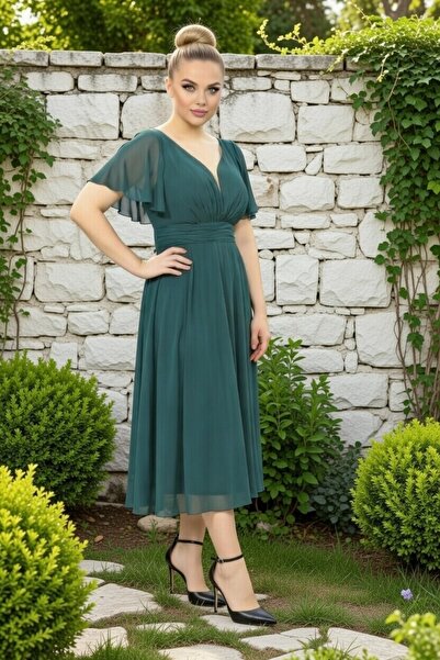 FaBe Fashion KISA KOLLU KALP YAKA BELİ BÜZGÜLÜ MİDİ ŞİFON ELBİSE NİKAH-NİŞAN-...