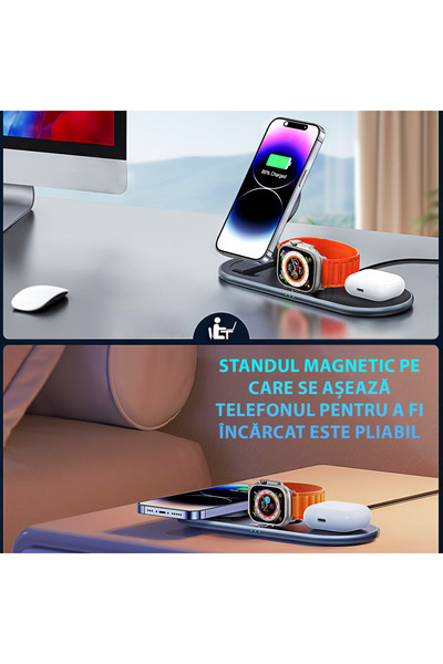 Unified Studios Încărcător wireless 3‑în‑1 MagSafe, 15W – pentru iPhone, Apple Watch și AirPods