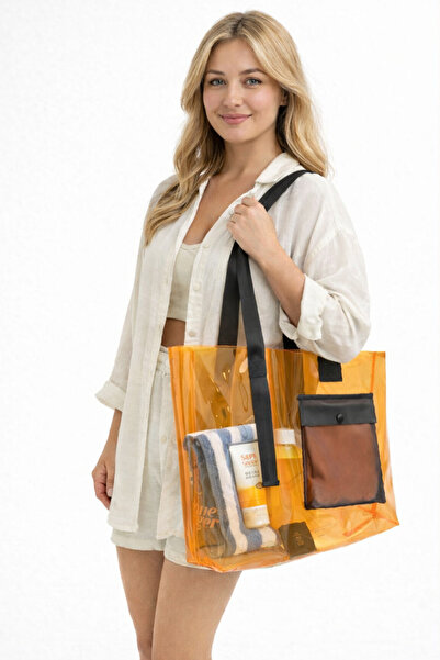 Woys Bags Turuncu Renk PVC Kumaş Su Geçirmez Kadın Plaj Çantası - Cep Detaylı...